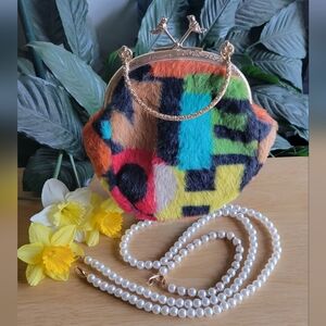 Multicolor Faux Fur Kiss-Lock Clutch with Pearl Strap